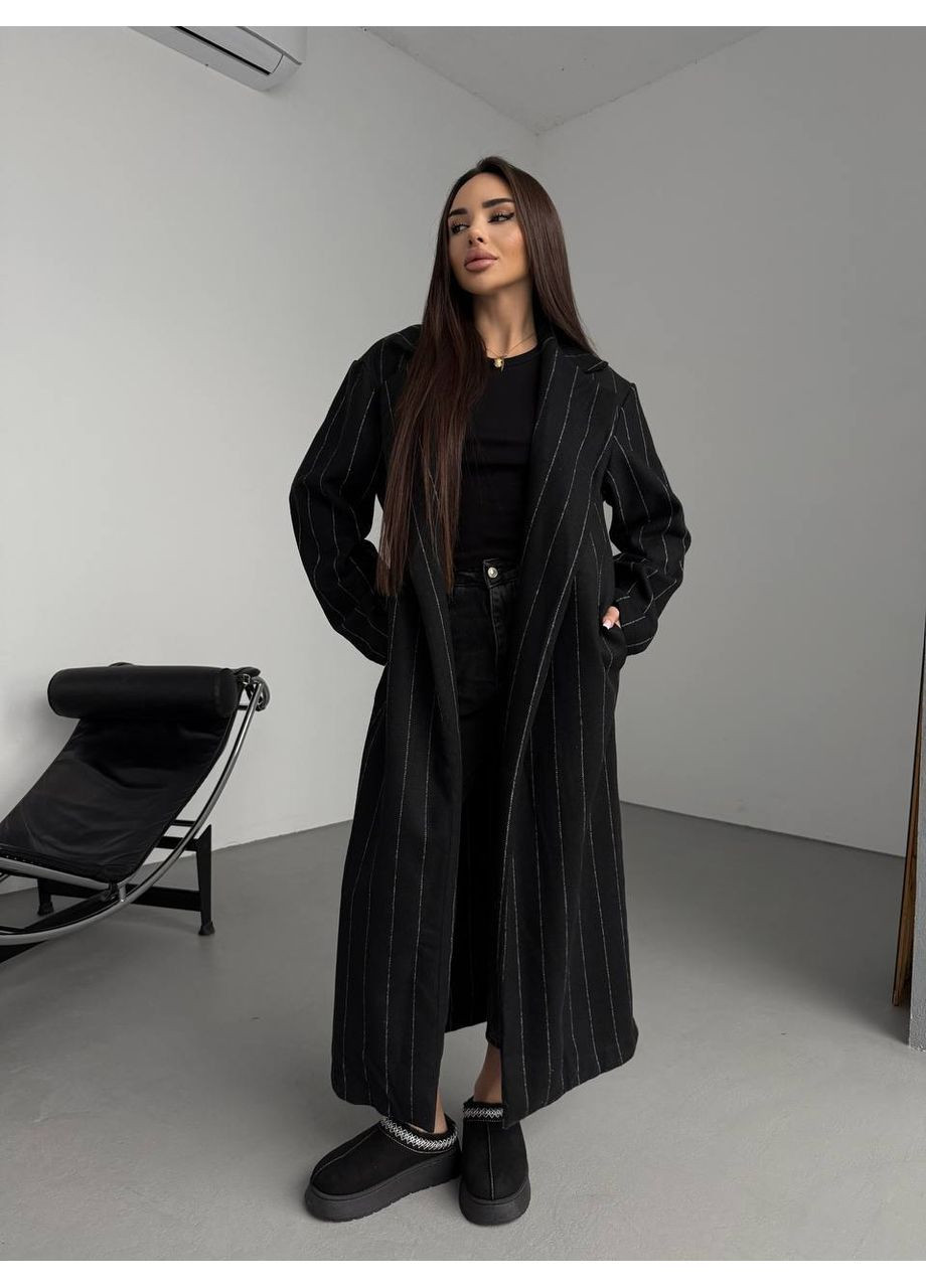 Чорне демісезонне Жіноче кашемірове пальто в смужку на запах MonCher