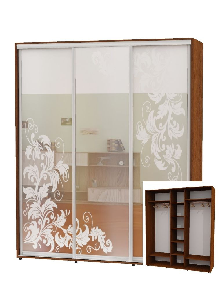 Шкаф-купе трехдверный 190*60*220 Орех лесной Зеркало с пескоструйным рисунком ШК-04 Алекса (360438978)