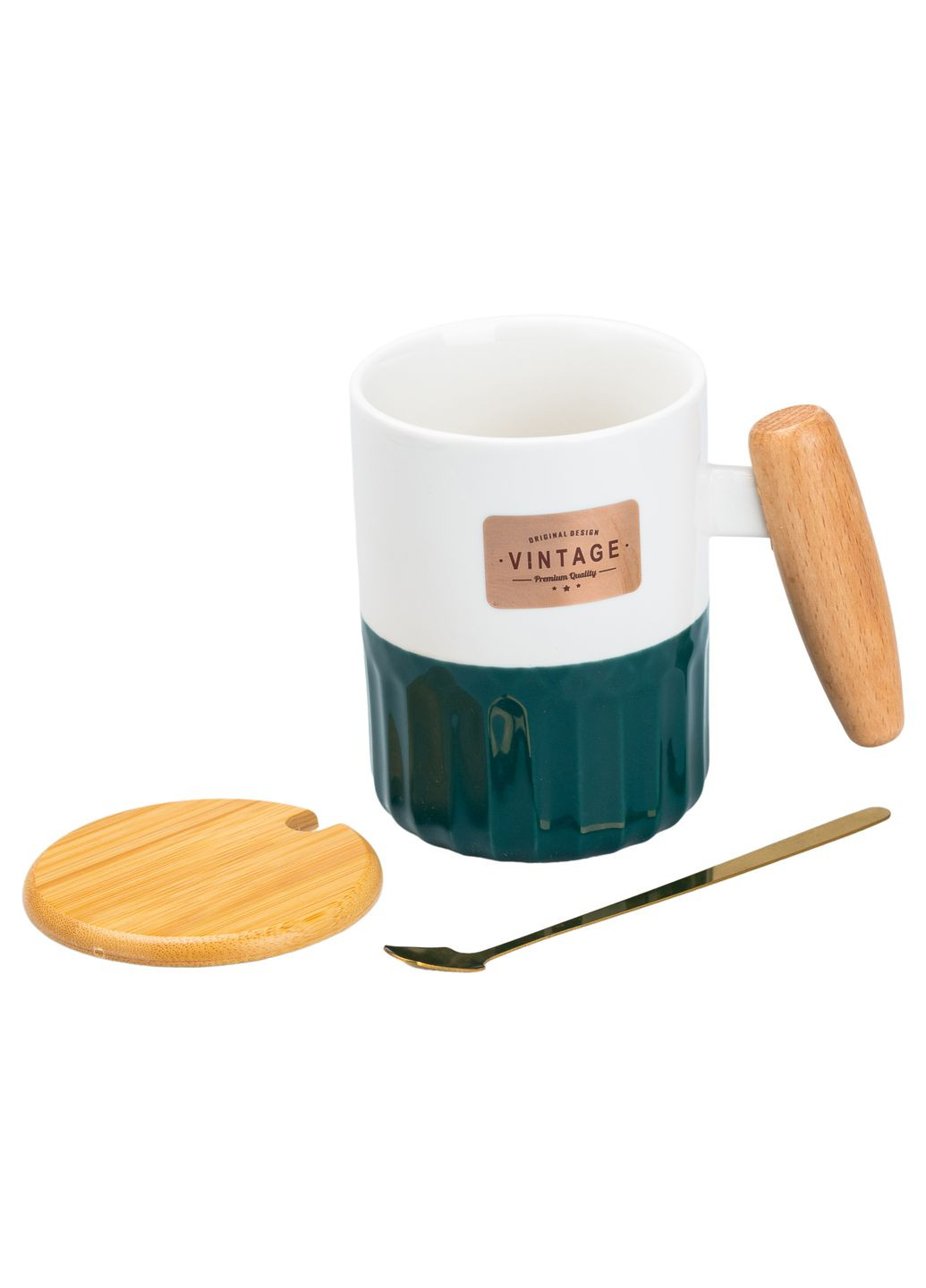 Чашка керамічна 400 мл Vintage з бамбуковою кришкою та ложкою, зелений з білим Happy Life (328603529)