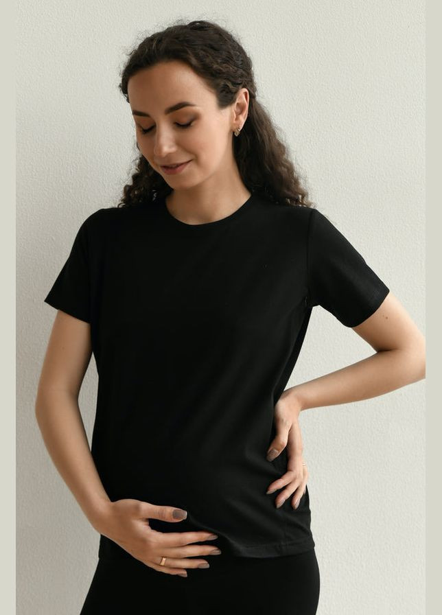 Черная летняя хлопковая футболка для беременных с коротким рукавом Мамин Дім 24300 black