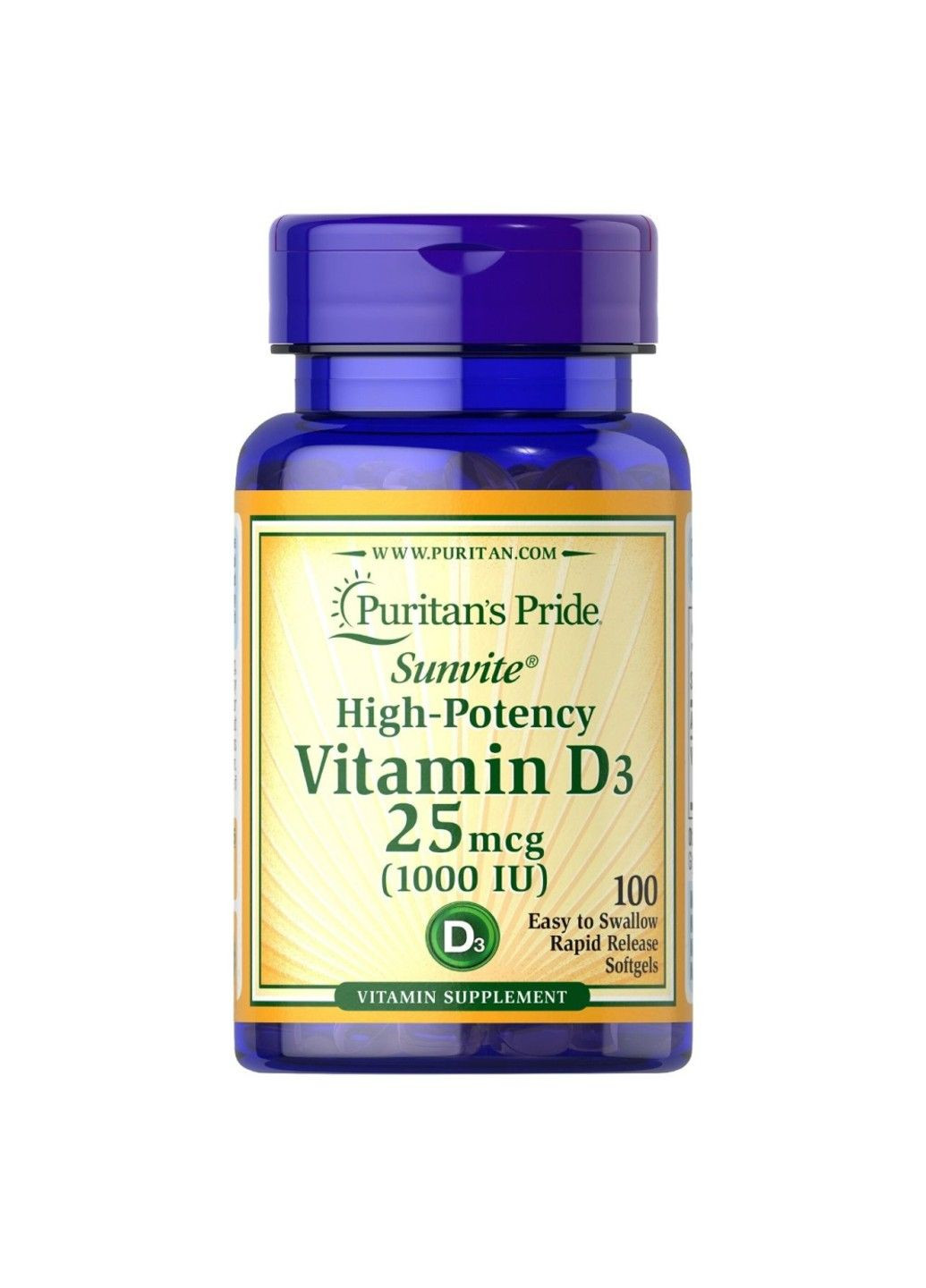 Витамин Д3 Витамин D3 25 мкг 1000 МЕ — 100 софтгель Puritans Pride (285718701)