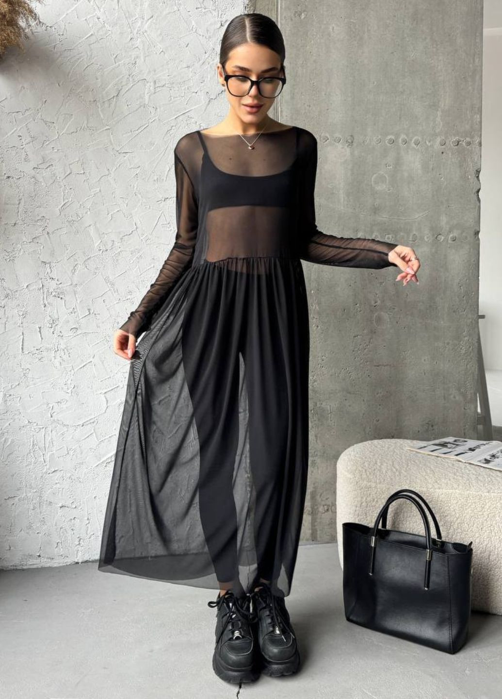 Черное повседневный прозрачное платье меди с длинным рукавом Tik-Tak