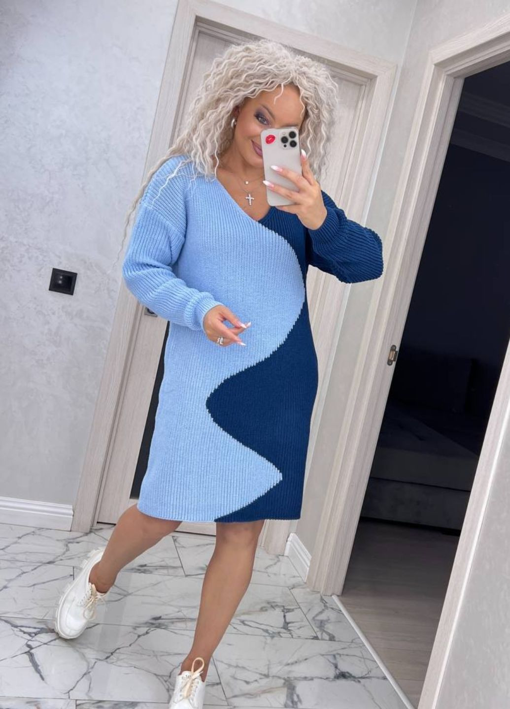 Голубое повседневный вязаное платье меди Tik-Tak