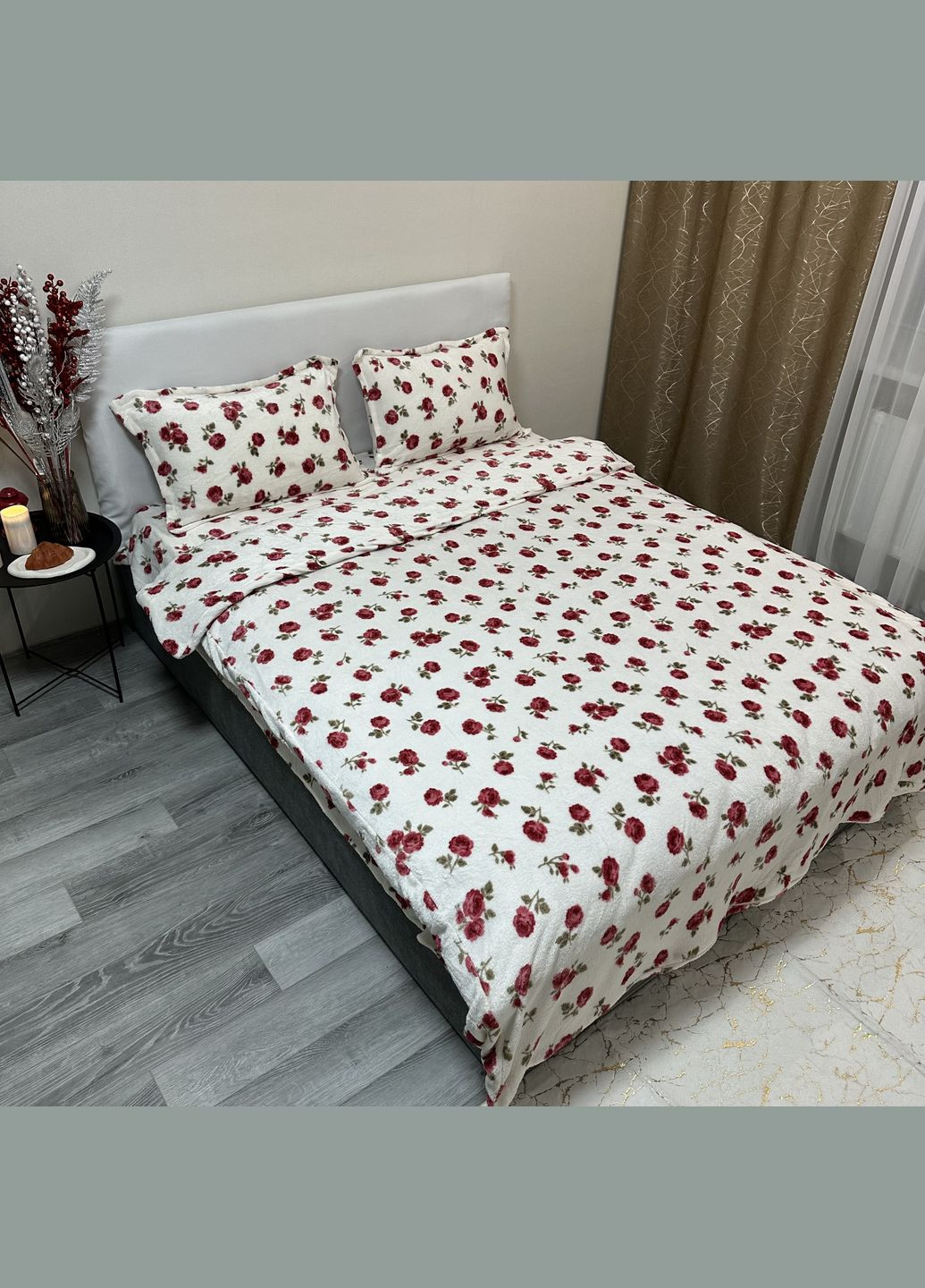 Теплий набір велюрової постільної молочного кольору євро розмір з квітковим малюнком. Сучасна якісна постільна білизна No Brand (316591515)