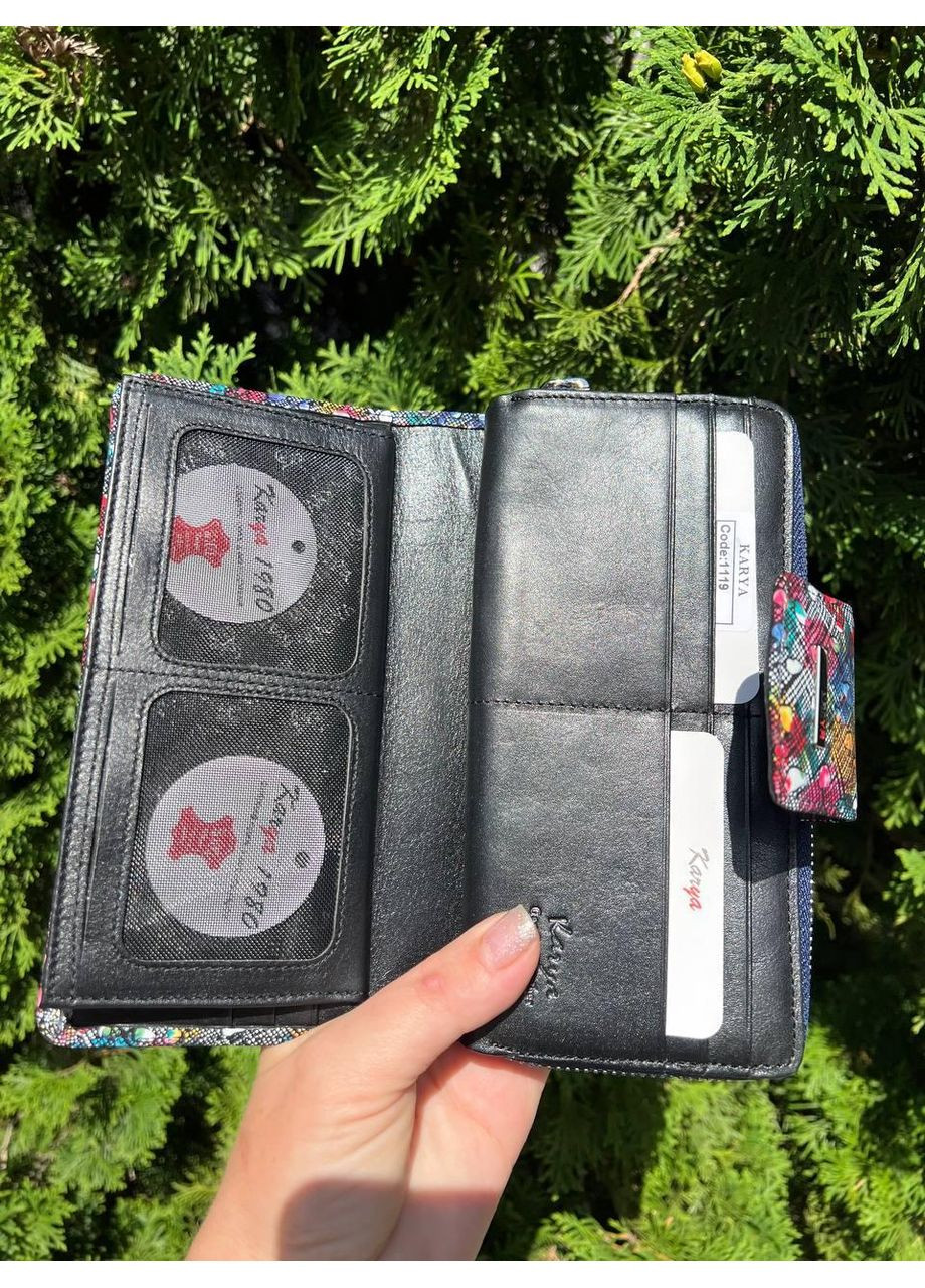 Женский кошелек Турция натуральная кожа три отделения для купюр на молнии картхолдер на магните цветной черный Karya (354338041)