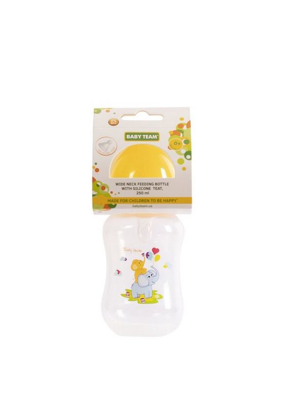 Пляшечка для годування з широким горлом та силіконовою соскою 1002 жовтий 250 мл Baby Team (322828970)
