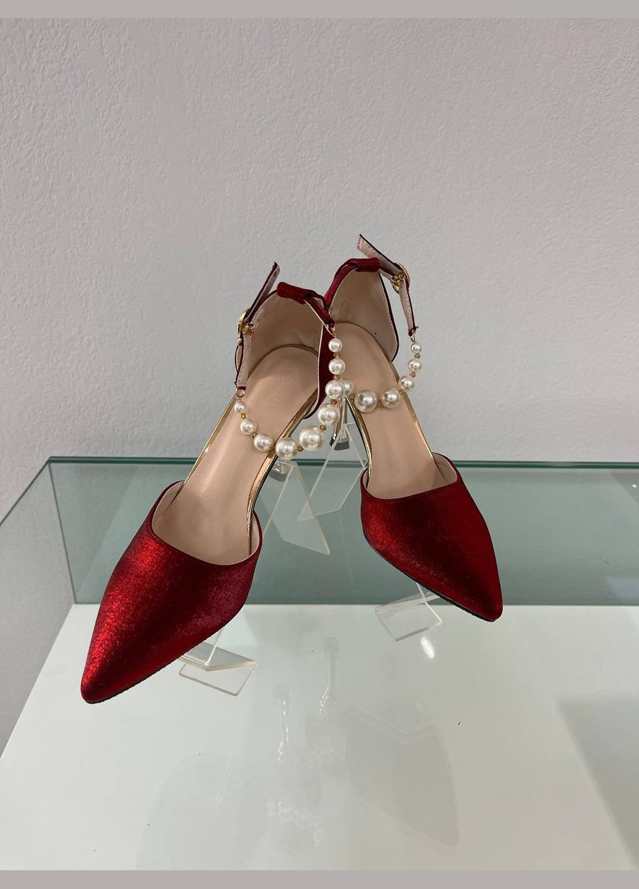 No Brand Святкові атласні червоні туфлі з перлами +додатково ремінець атлас бордовий з текстиль, — літо (300578238)