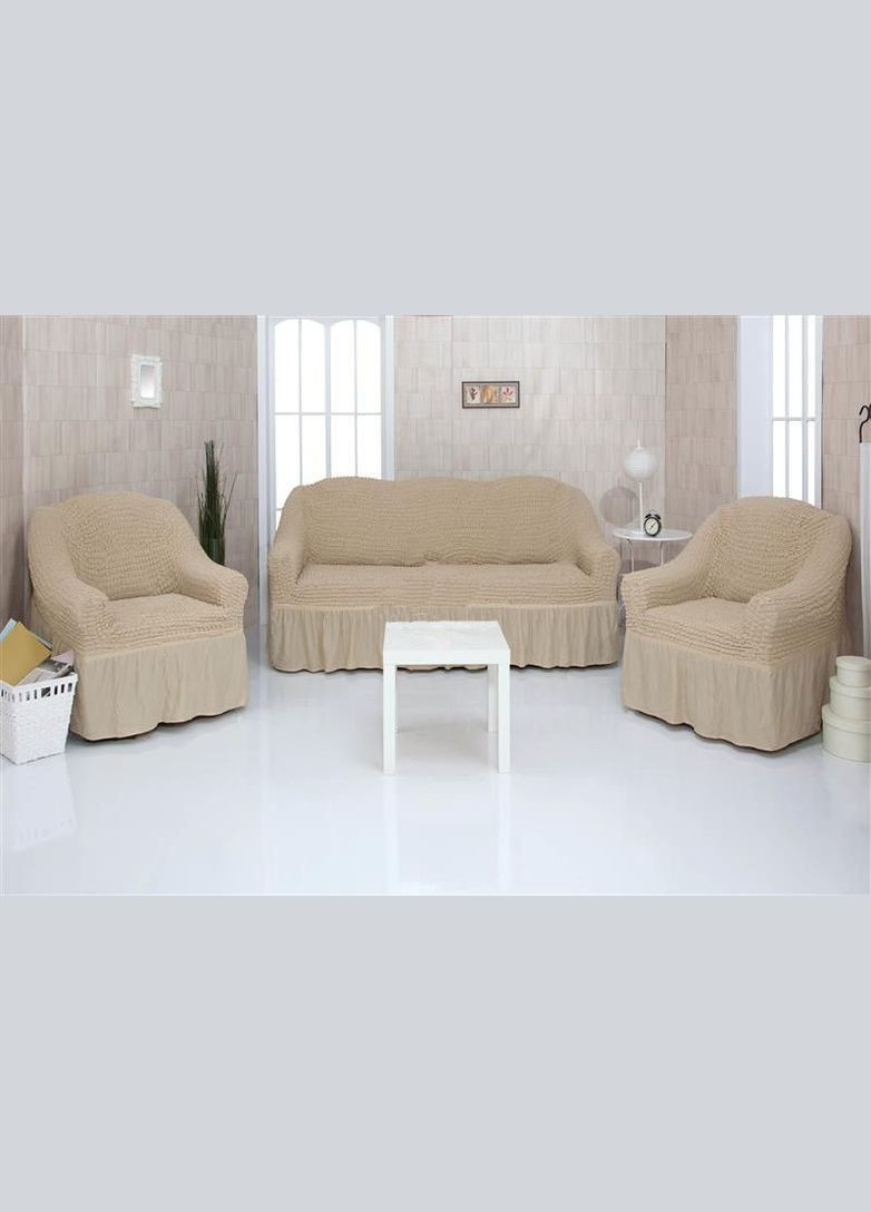 Чохли натяжні на диван 3-х місний та два крісла 01-212 (універсальні) Пісочний Venera (268547772)