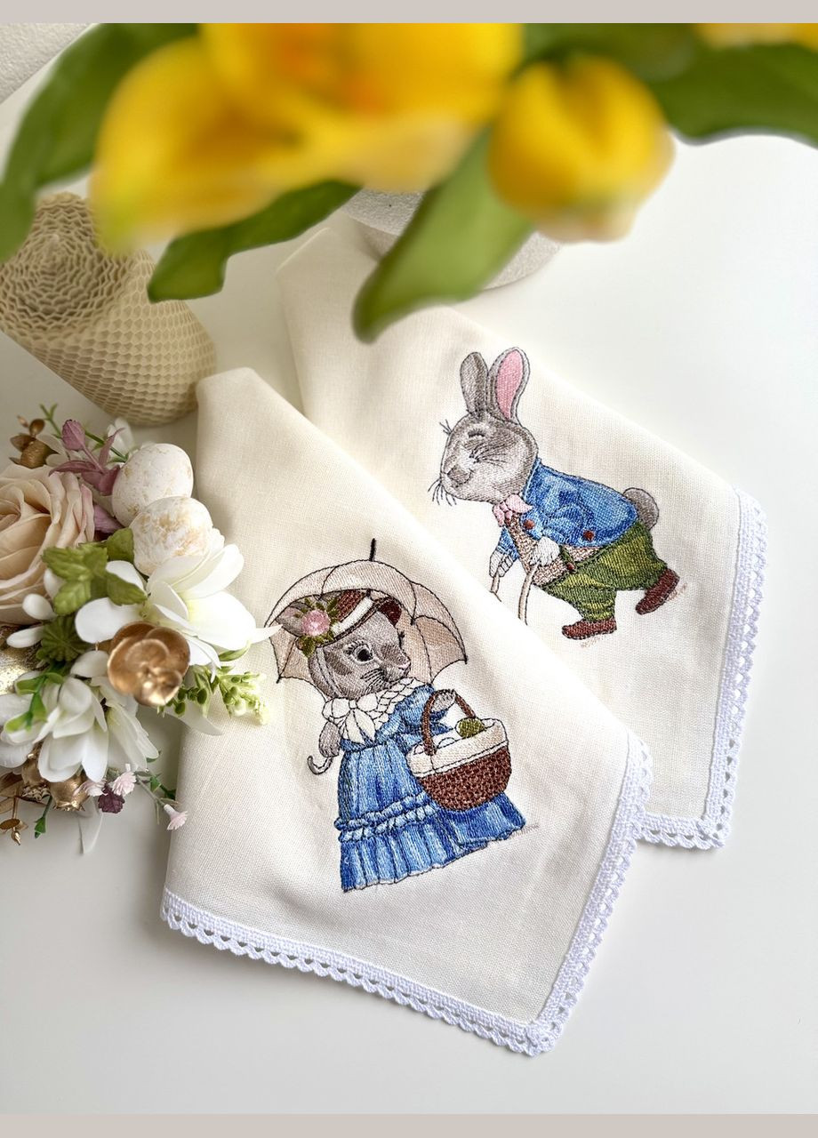 Набір 2 шт лляних великодніх серветок з вишивкою пасхальний рушник на кошик TobiSobi з кроликом TS00006 Figasse (333023794)