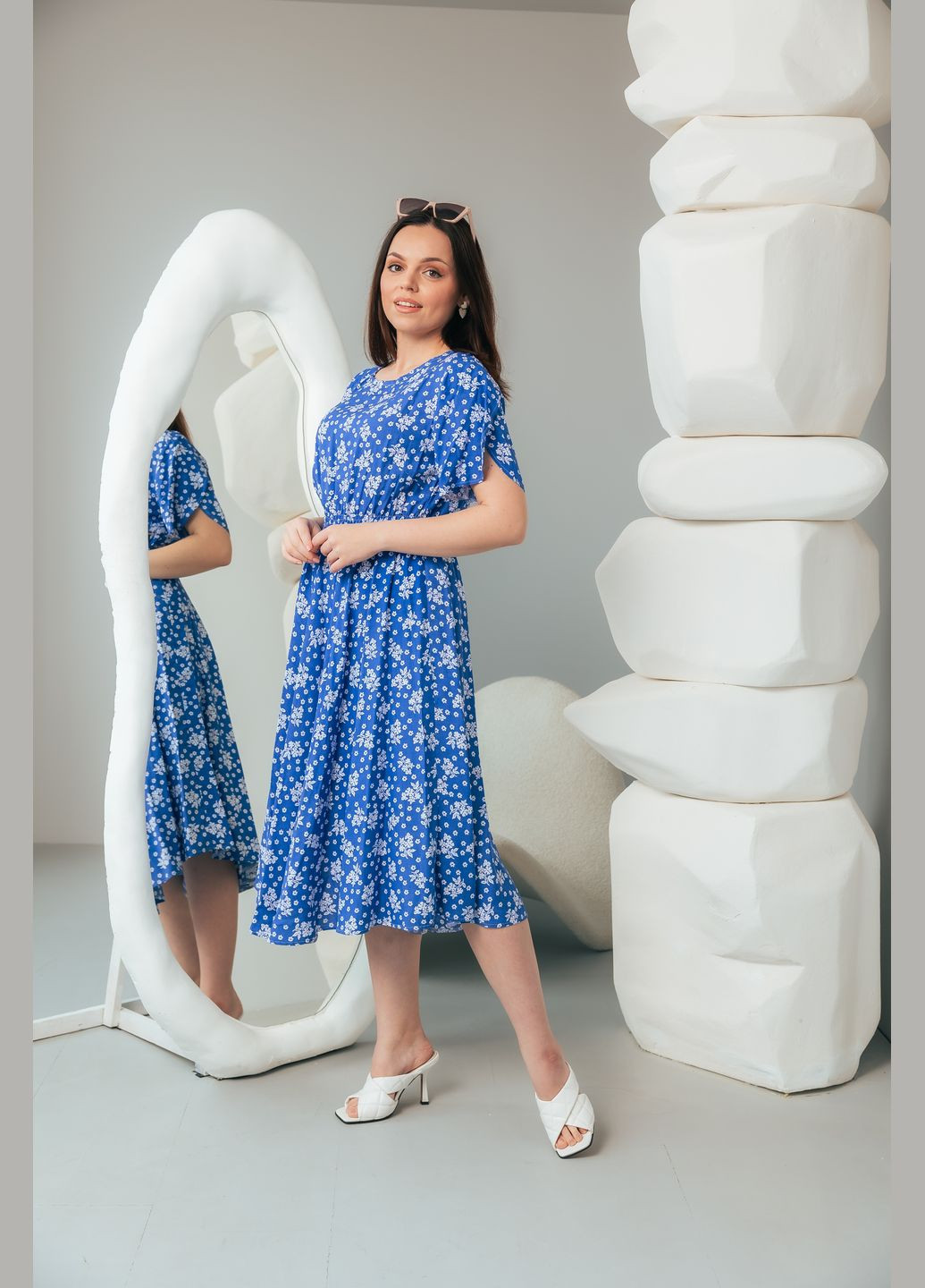 Светло-синее деловое, повседневный, пляжное, коктейльное masoli летнее платье клеш No Brand с цветочным принтом