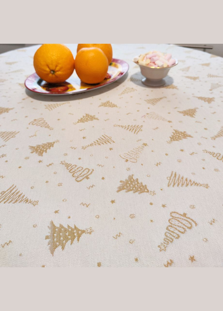 Гобеленова скатертина кругла бежева з золотистою ниткою новорічна святкова скатертина для круглого столу 260 Maystat (306812332)