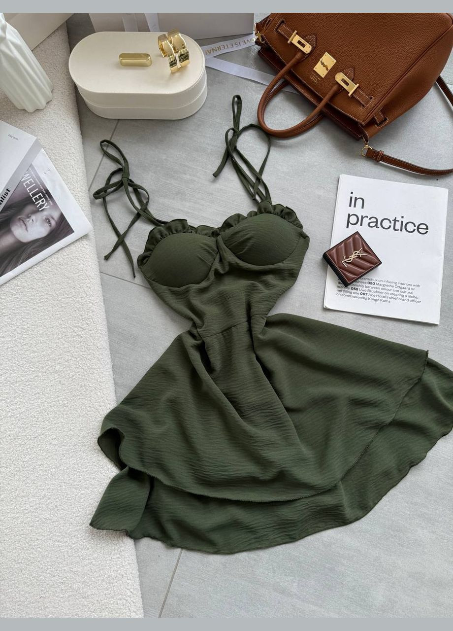 Оливковое (хаки) праздничный, повседневный, вечернее легкое женское платье креп жатка No Brand