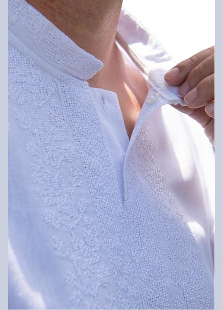 Белая рубашка-вышиванка мужская льняная белая с коротким рукавом Україна узор орнамент лен (334348465)