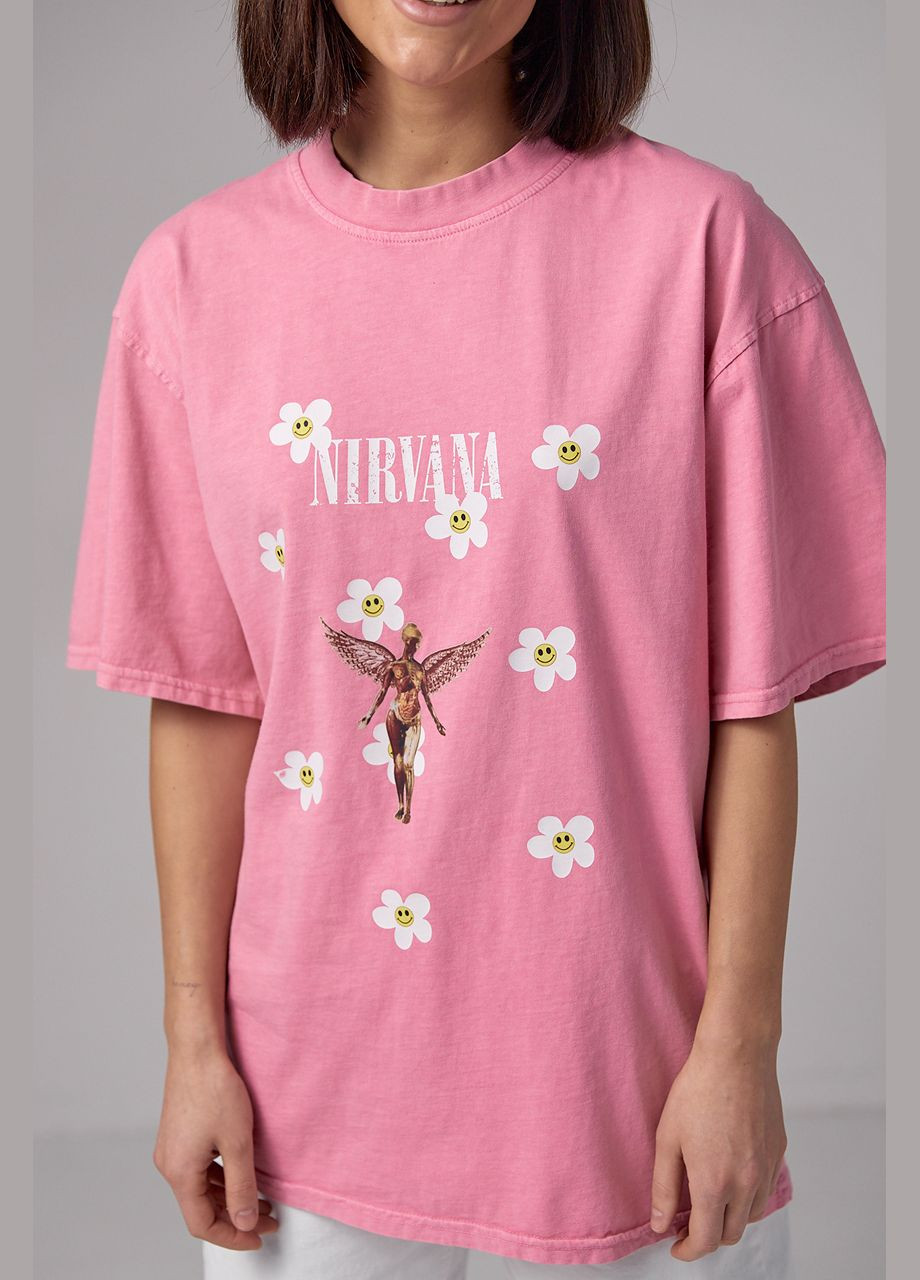Рожева літня футболка tie-dye з принтом nirvana 13451 з коротким рукавом Lurex