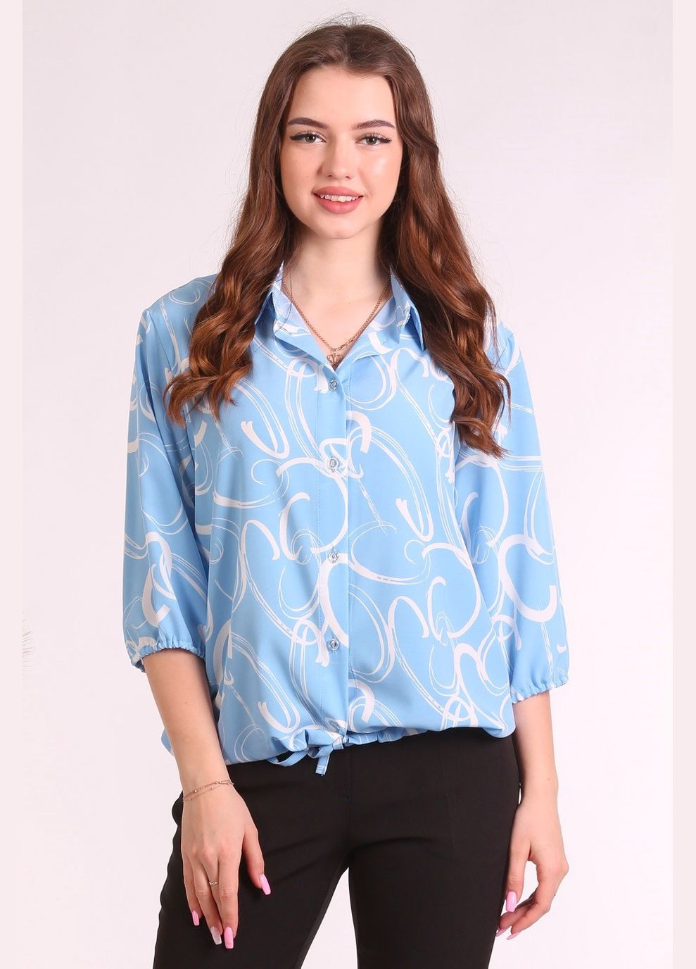 Голубая блузка - рубашка женская 058 кольца молочный софт голубая Актуаль