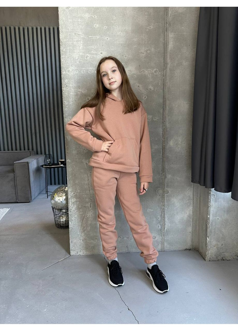 Бежевий демісезонний костюм унісекс тринитка на флісі,оверсайз,штани та худі з капюшоном та кишеня кенгуру Україна