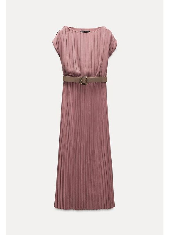 Розовое плиссированное платье с поясом Zara