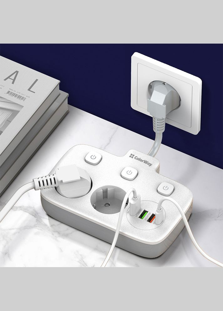 Сетевой фильтр СolorWay 2 розетки/3USB/1xTYPE-C White 2M (CW-CHE24PDW) Colorway (339082899)