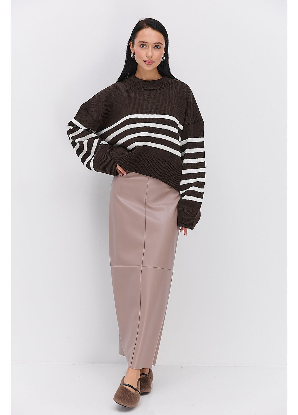 Темно-коричневый женский вязаный свитер оверсайз в полоску Arjen