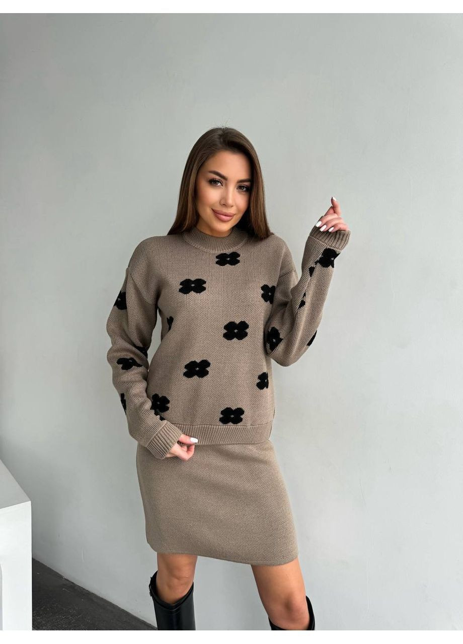 Жіночий в'язаний костюм двійка: светр з принтом та приталена спідниця MonCher (364185218)