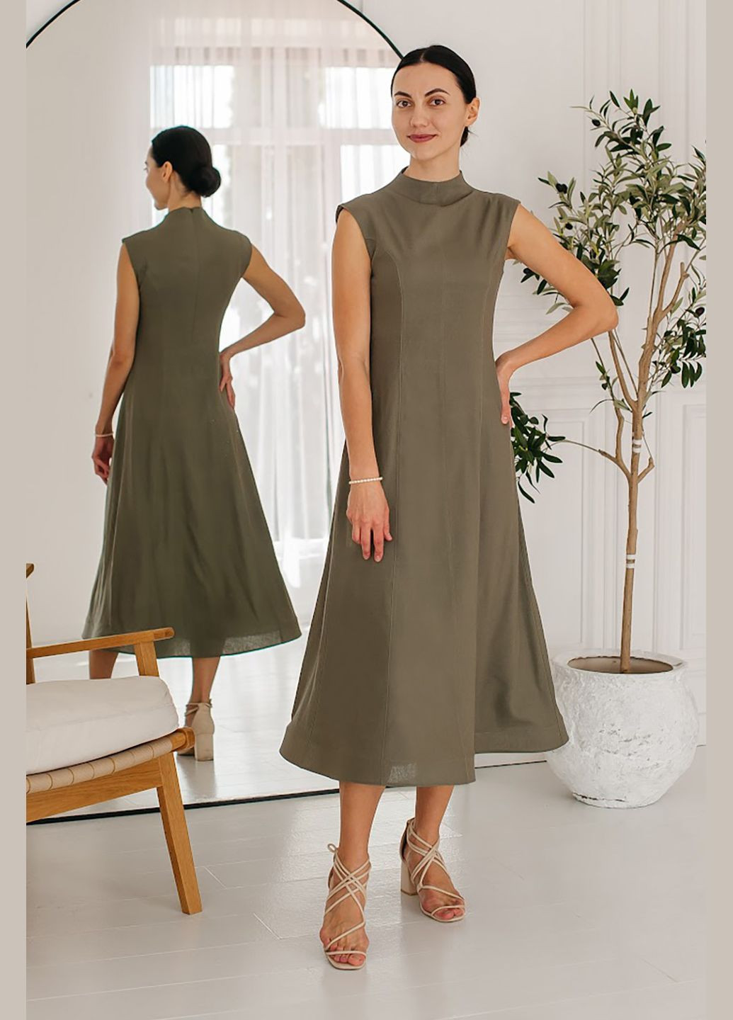 Оливкова (хакі) сукня з льону з високим коміром і приталеним кроєм olive Lana Bryk однотонна