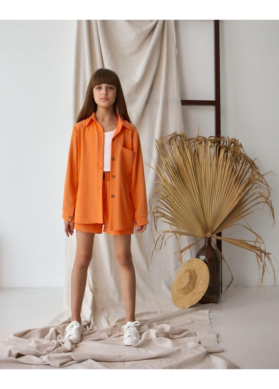 Помаранчевий літній костюм трійка літній (шорти, топ, сорочка) помаранчевий 146 розмір Kodi