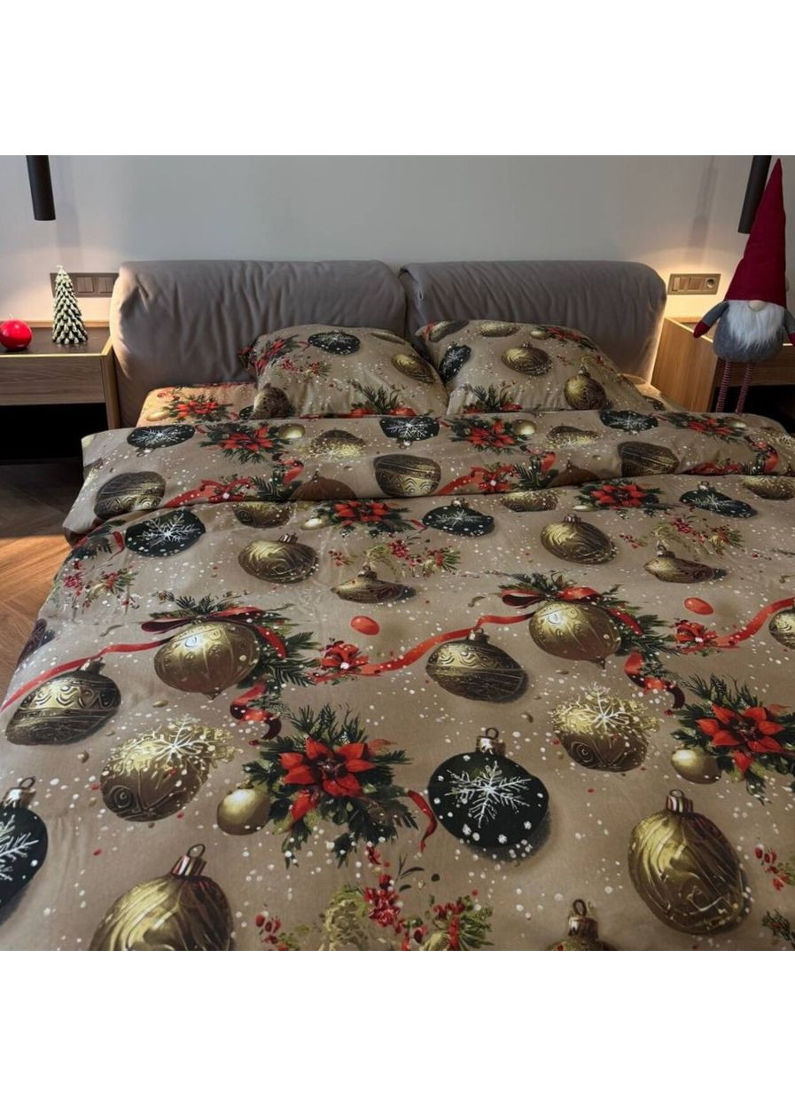 Постельное белье полуторное бежевое новогоднее Елочные украшения Фланель Байка 954701 Ananasko (361079893)