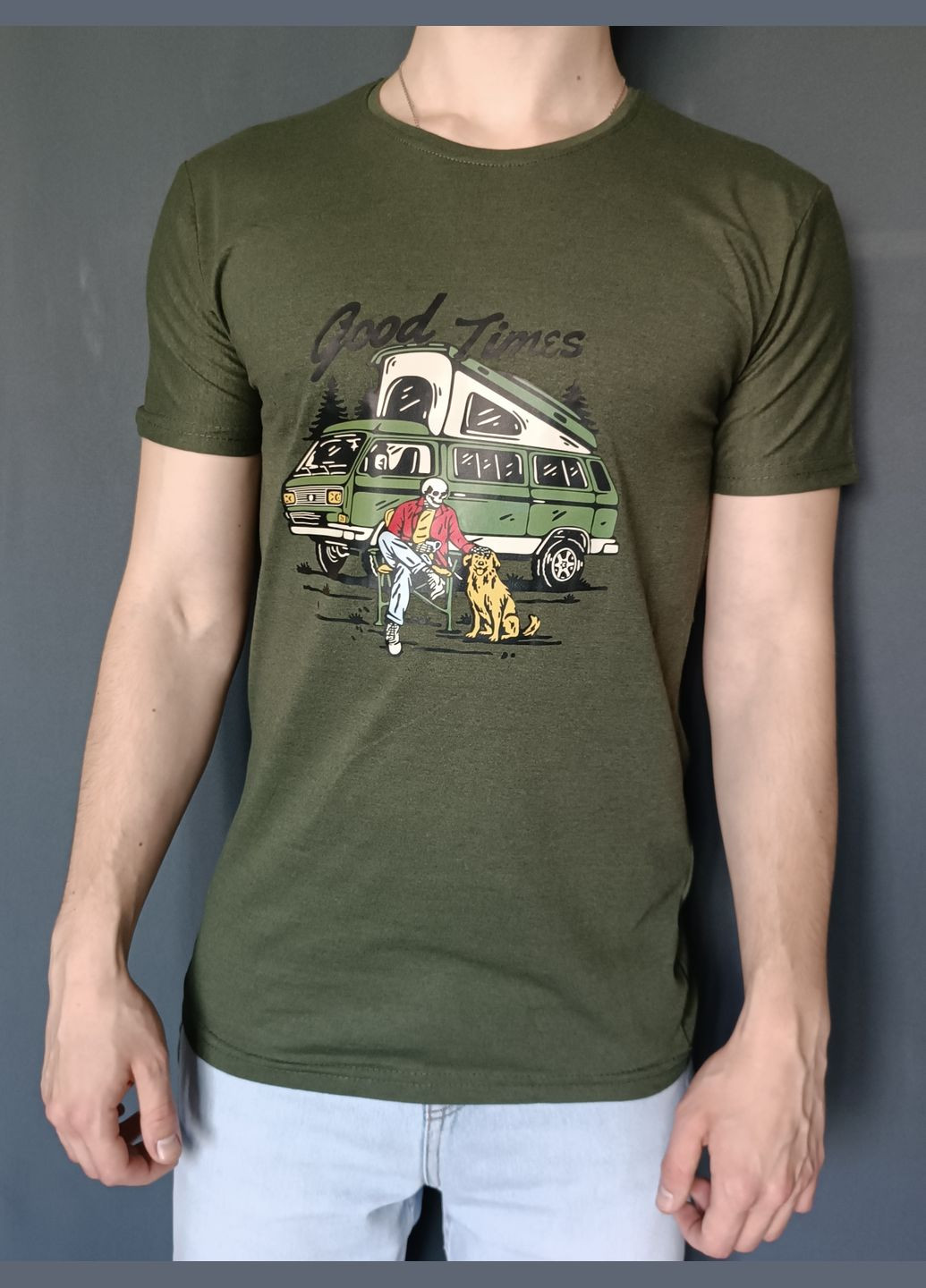 Хаки (оливковая) мужская зеленая футболка с принтом с коротким рукавом No Brand