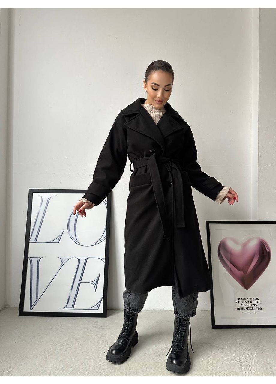 Чорне демісезонне Пальто з поясом із кашеміру Garna