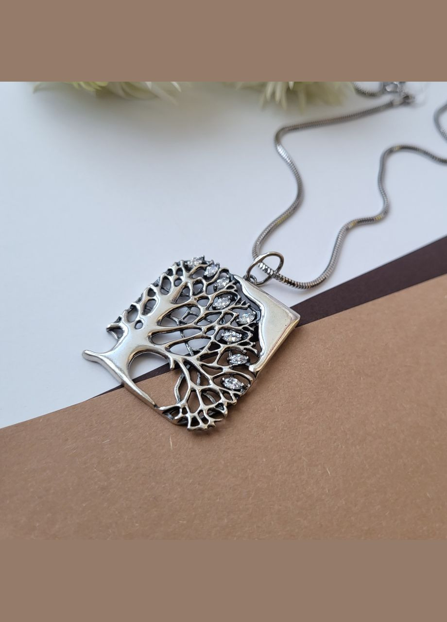 Серебряная квадратная подвеска кулон Дерево в белых камнях серебро 925 пробы Черненное 300012 No Brand (306743369)