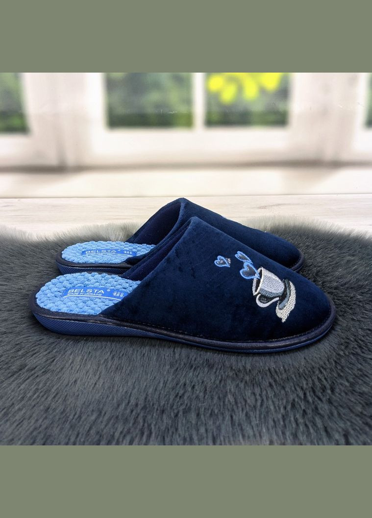 Темно-синие тапочки женские домашние с закрытым носком велюровые Белста