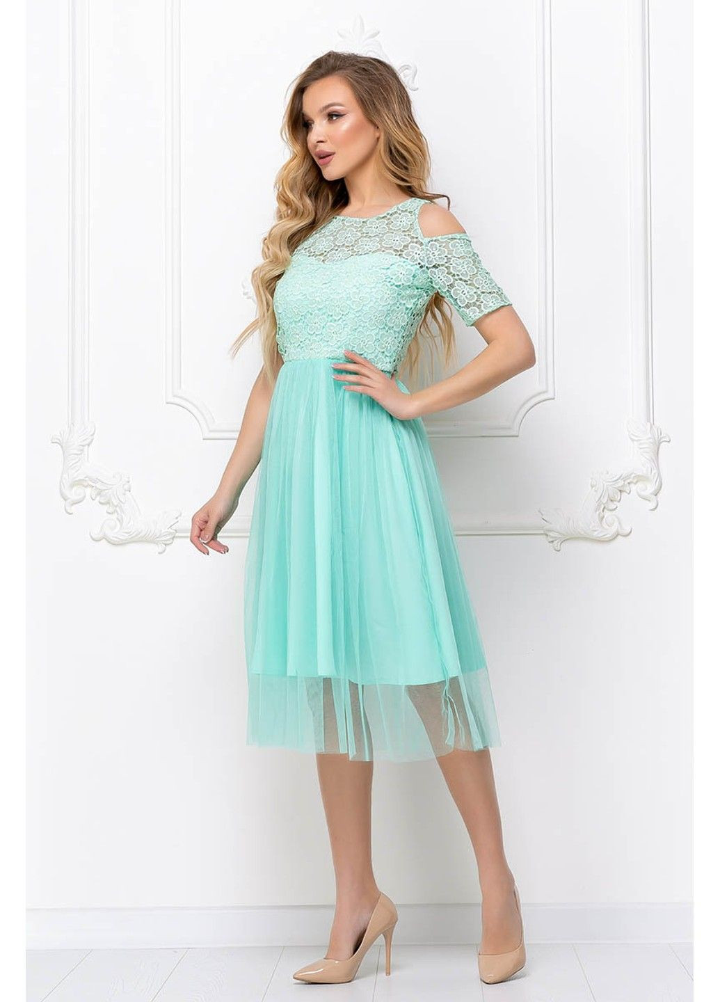 Бирюзовое коктейльное платье гипюр сетка 8064 мятное Tanita-Romario