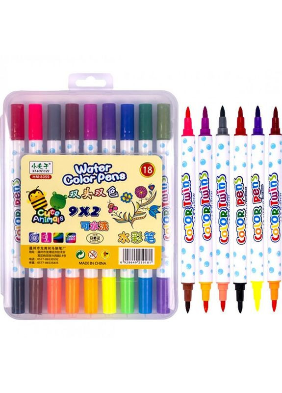 Набор двухцветных фломастеров 9 штук 18 цветов 8059-18 в пластиковом боксе. No Brand (330601041)