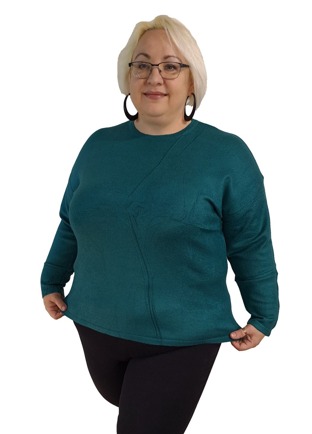 Зеленый демисезонный джемпер однотонный с длинным рукавом, батал в зеленом цвете. No Brand