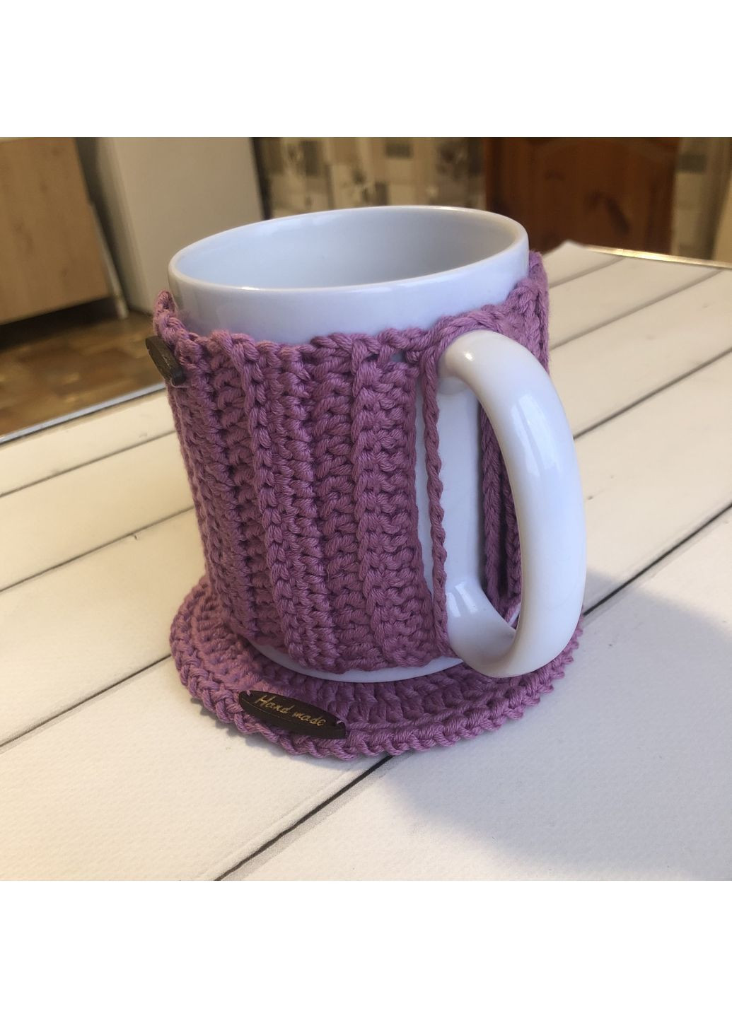 Набор для чая или кофе: чашка 330 мл, вязаная грелка-свитер и подставка для чашки фиолетовые, подарочный набор No Brand (365797654)