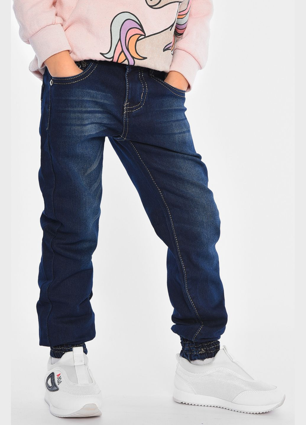 Синие демисезонные зауженные джинсы детские для девочки синего цвета Let's Shop