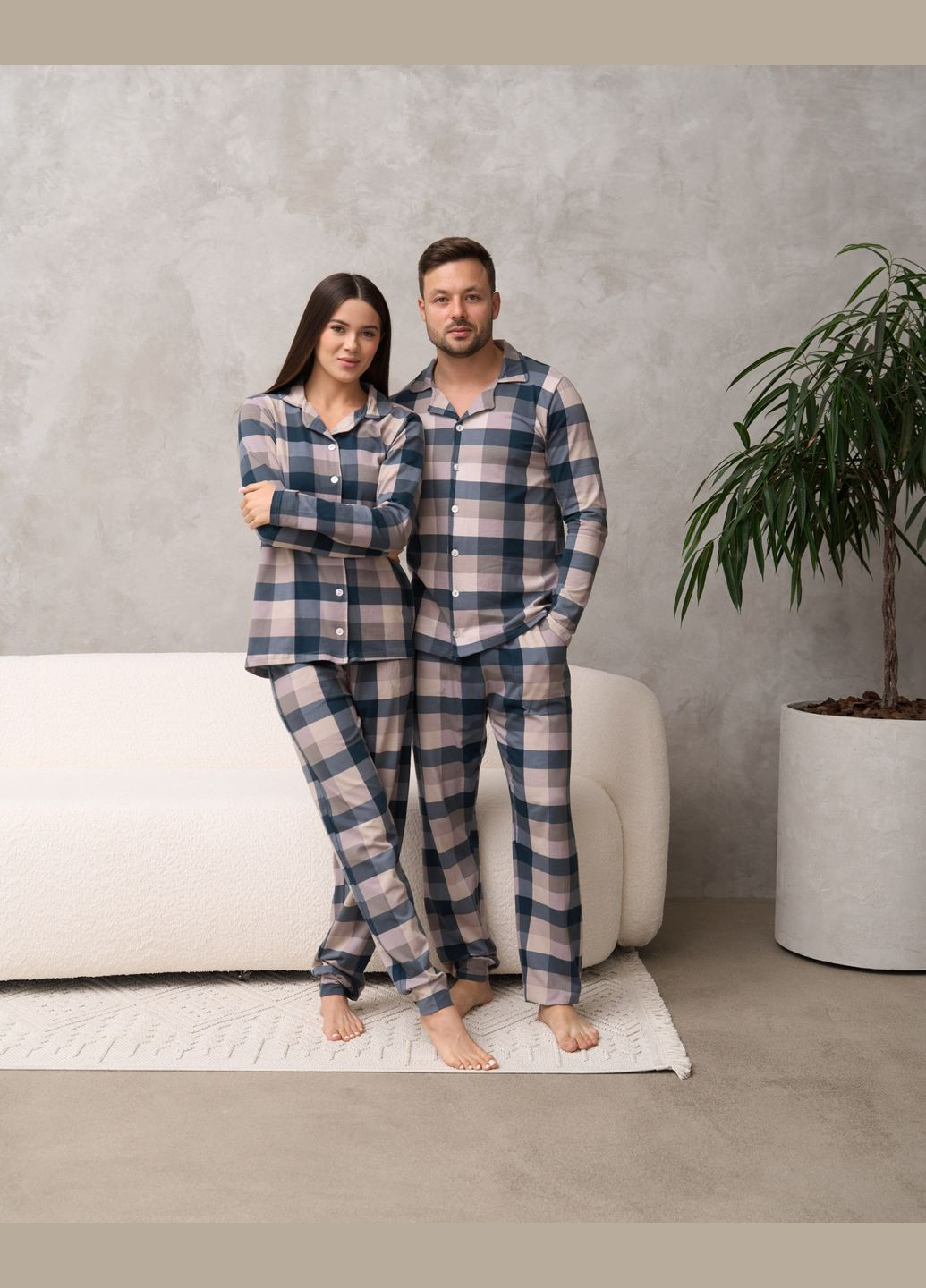 Чоловіча піжама в клітинку сорочка штани Family look для пари комплект зі штанами Tom John (311221283)