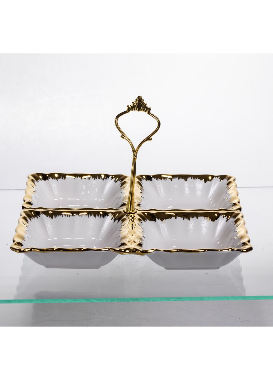 Менажниця порцелянова на 4 секції для закусок тарілка менажниця 22.5×22.5×3 (см) менажниця з ручкою Білий з золотом LC-BYL-101 Yiwu (369446692)