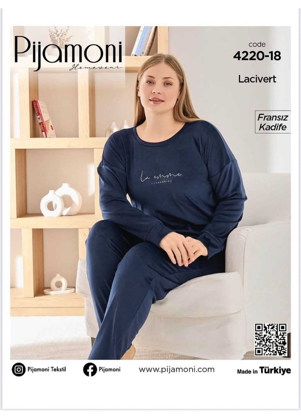 Темно-синя всесезон велюрова жіноча піжама реглан + брюки Pijamoni