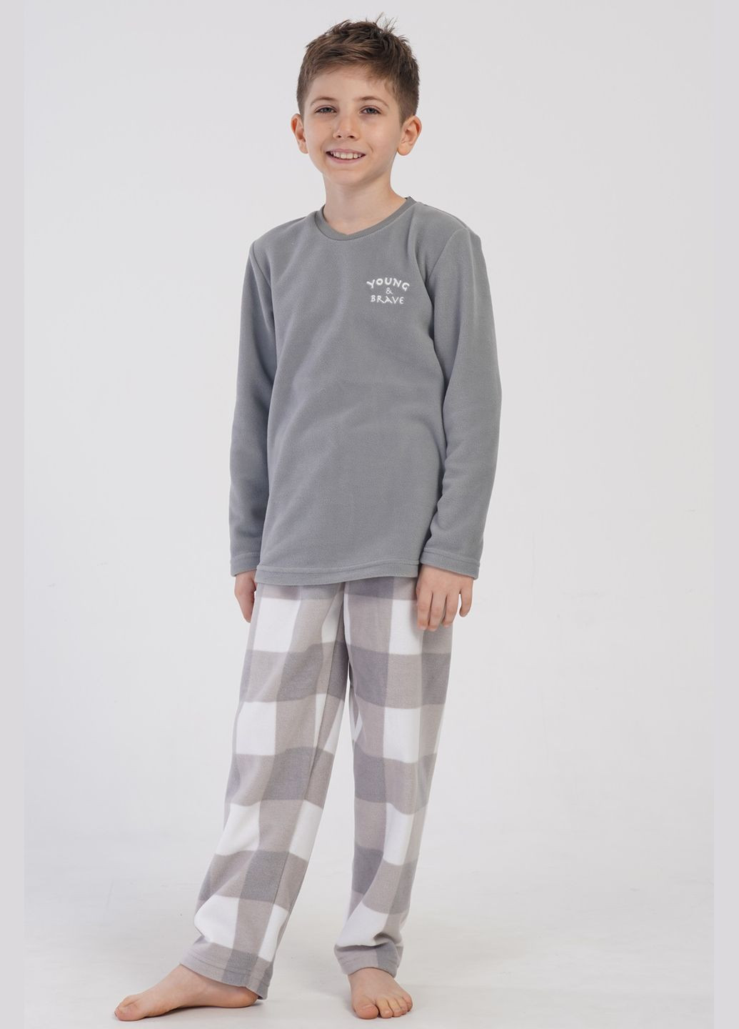 Сіра зимня піжама флісова підліткова хлопчача (лонгслів, штани) лонгслів + брюки Vienetta