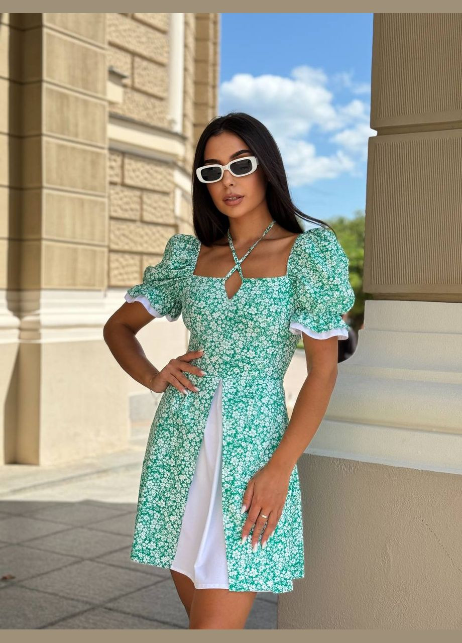 Зелена повсякденний жіноча сукня міні з розрізом у квітковий принт а-силует Україна з квітковим принтом