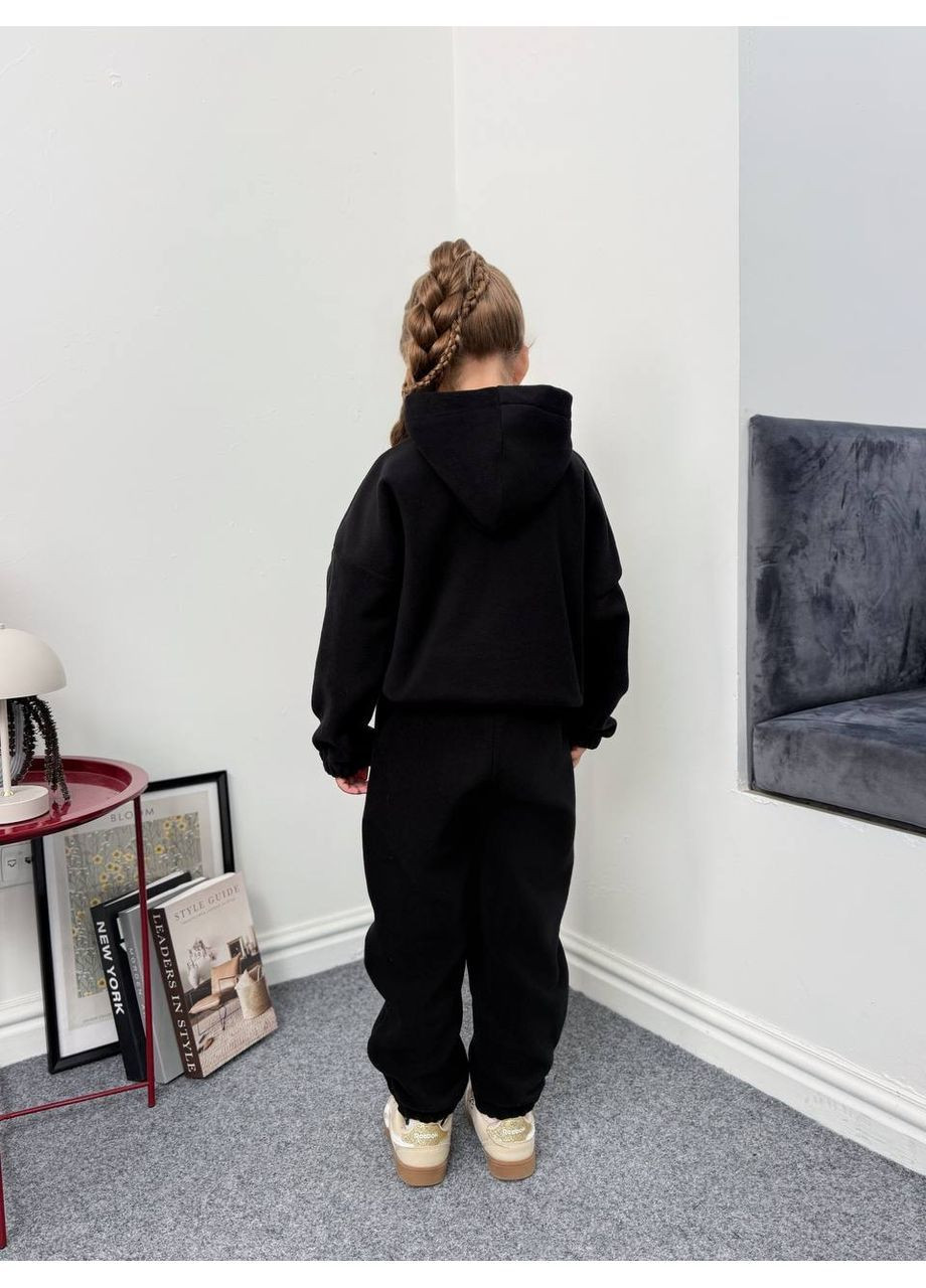 Чорний зимній костюм 1833 полар фліс двійка дитячий штани та худі з капюшоном Україна