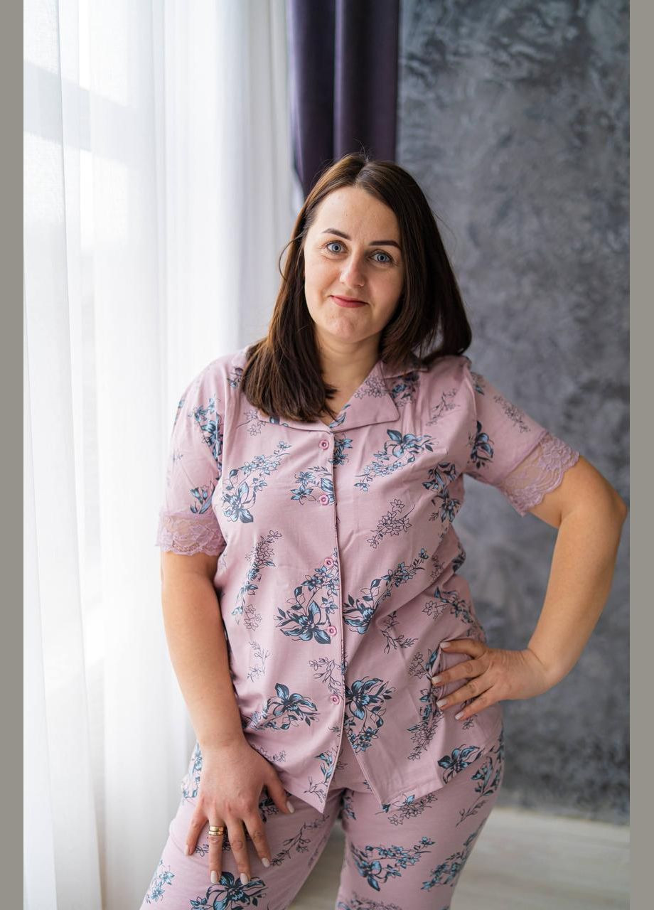 Пудровая всесезон комплект для дома и сна, невероятная женская пижама штаны и футболка на пуговицах. 0422248 футболка + брюки Miss Victoria