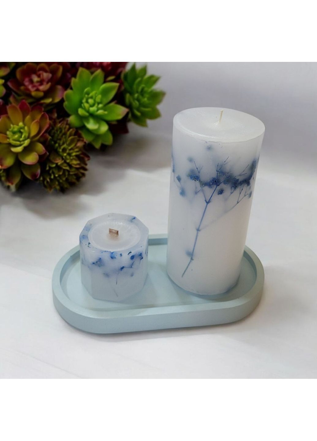 Набір декоративних свічок ручної роботи свічки ароматичні в наборі з 2 шт на овальній підставці з гілочками блакитної гіпсофіли Handmade Studio - AV (370203305)