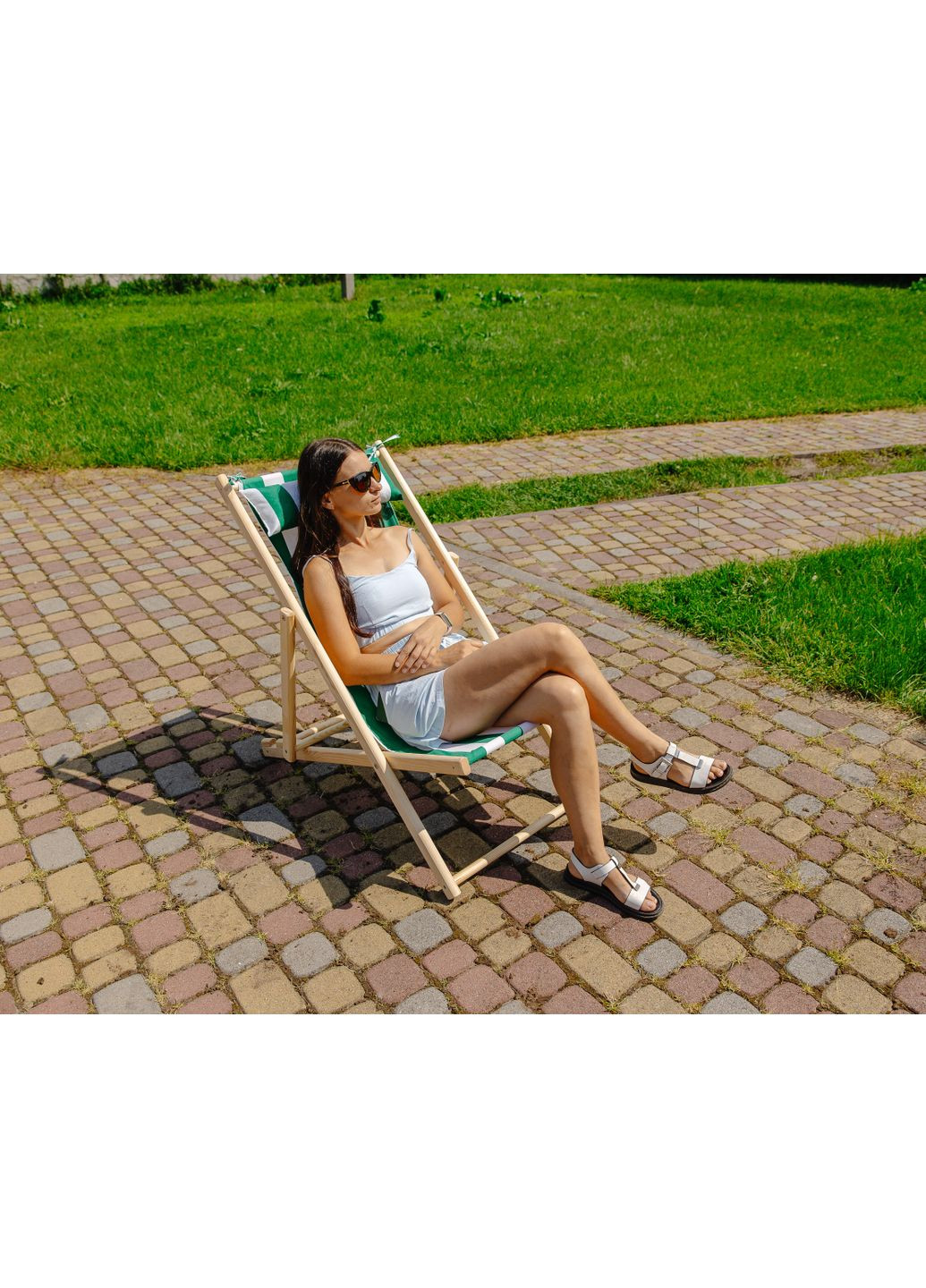 Кресло шезлонг деревянное раскладное XRmaster Зелено-белая полоска No Brand (358500986)