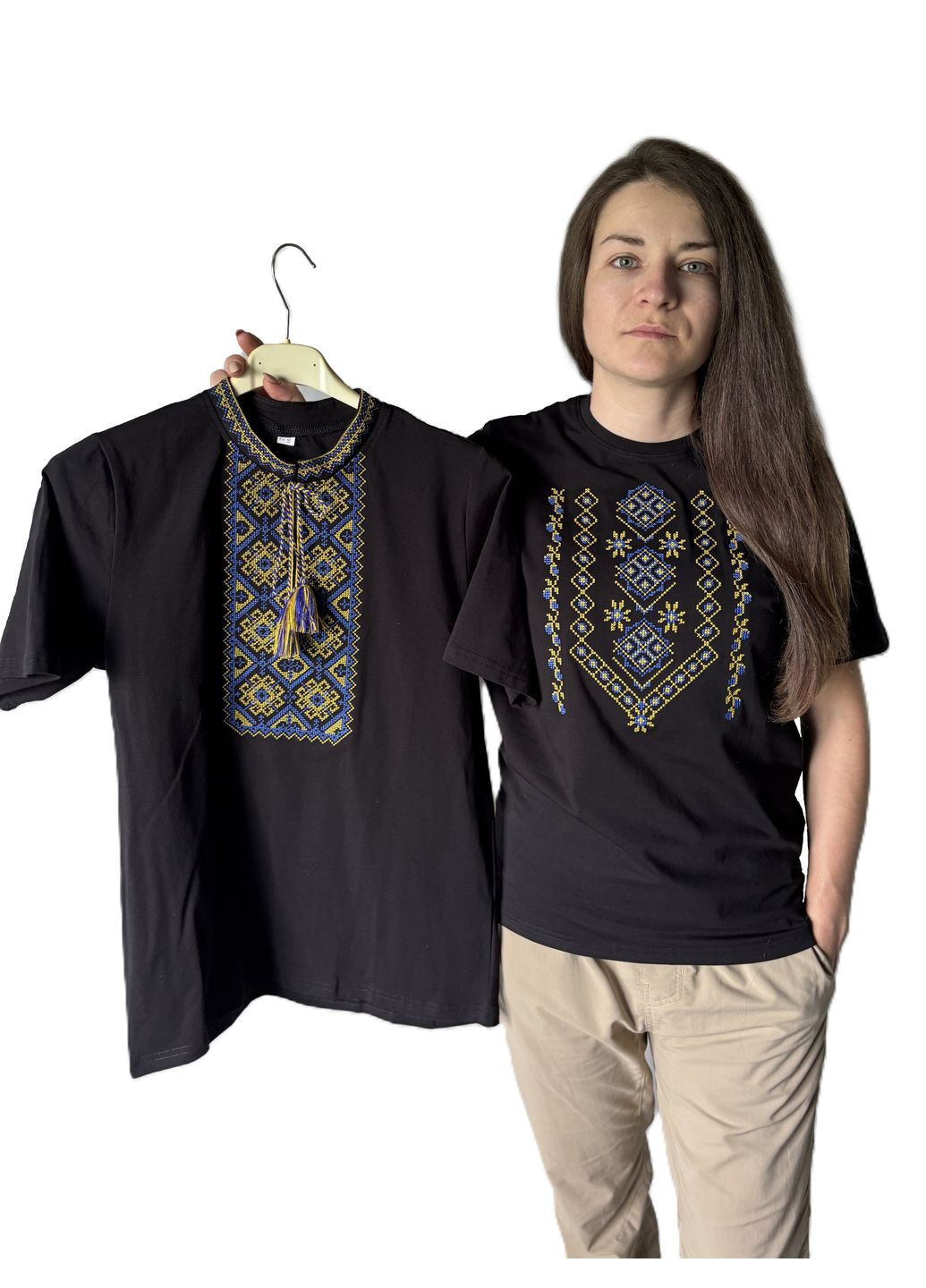 Чорна жіноча чорна вишита футболка вишиванка з блакитно-жовтим орнаментом НоКо візерунок орнамент пряма, вільна трикотаж (339606248)