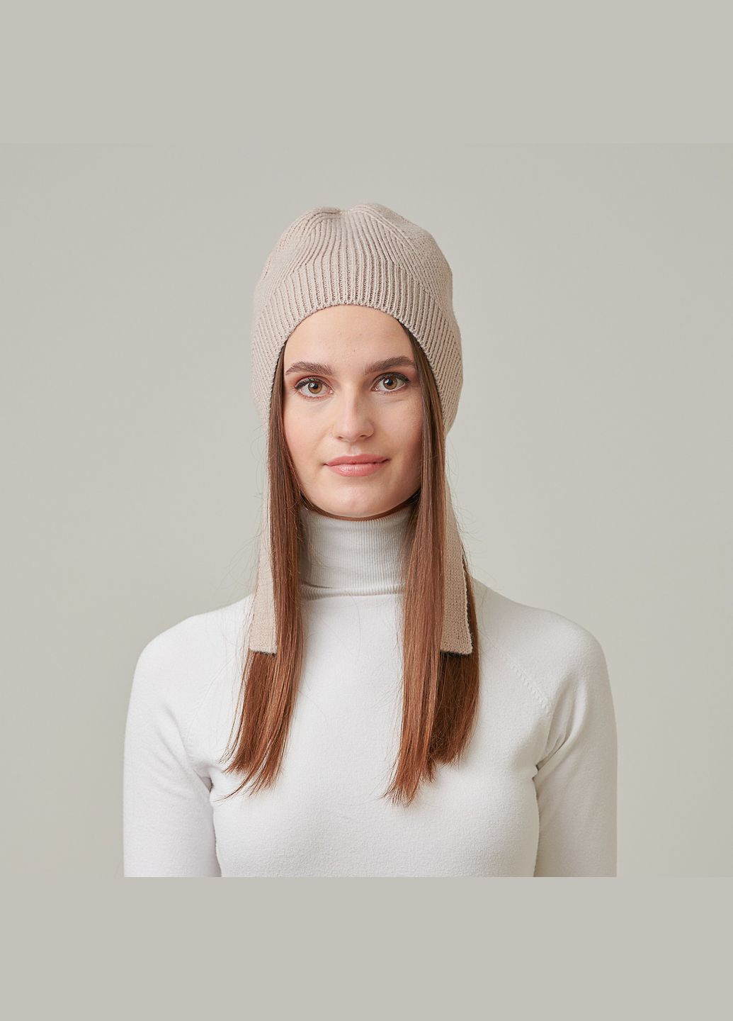 Шапка по голове с завязками женская шерсть с акрилом бежевая CANDY LuckyLOOK 954-749 (290278194)