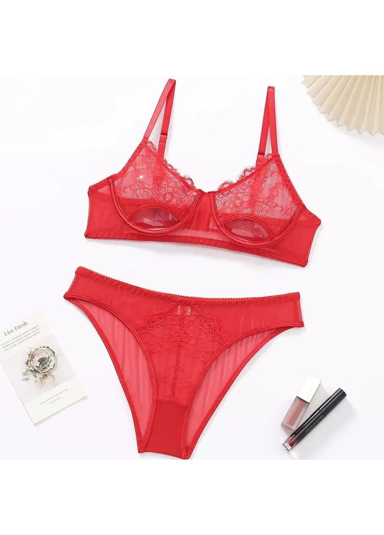 Червоний демісезонний комплект спідньої білизни. спідня білизна з вирізом під грудями. комплект білизни з трусиками і ліфчиком з кісточками No Brand