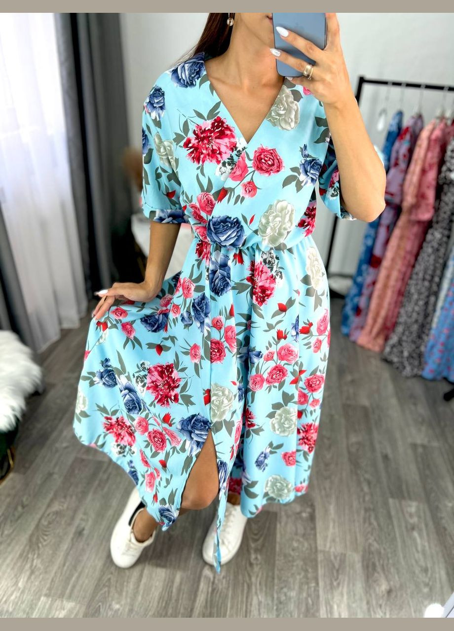 Голубое повседневный, вечернее, пляжное, кэжуал женское платье FINO Mode с цветочным принтом