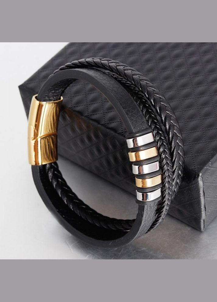 Мужской кожаный браслет, черный с золотыми вставками. No Brand (328251254)